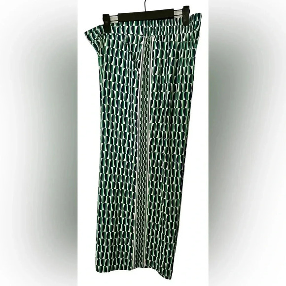 Max Studio Womens Geo Bubble Crepe Side Border Pants Size L Green Navy NWT #001 - Picture 2 of 3